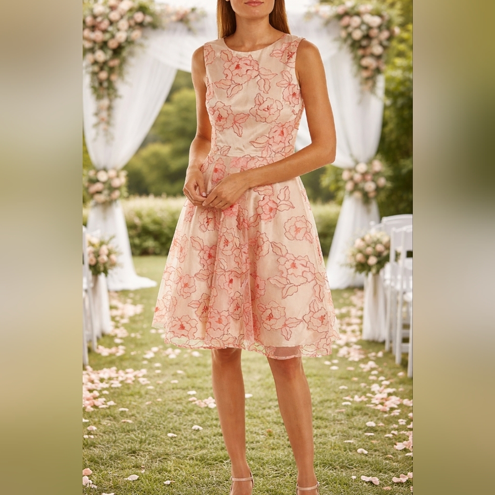 Rare NWT Tahari Coral Floral Embroidered Fit & Flare Dress - Size 10